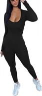 women's ribbed u neck bodycon jumpsuit long sleeve romper workout set logo