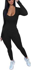 img 3 attached to Women'S Ribbed U Neck Bodycon Jumpsuit Long Sleeve Romper Workout Set