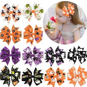img 4 attached to 🎀 Set of 12 Hair Bows Clips - 3" Boutique Alligator Halloween Bow with Grosgrain Ribbon Accessories for Girls, Babies, Toddlers, and Kids