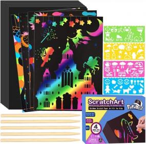 img 4 attached to POKONBOY Rainbow Scratch Art Paper Kits For Kids, 50 PCS Magic Scratch Paper With 5 Wooden Styluses And 4 Stencils - Black Scratch Off Arts And Crafts Supplies Christmas Birthday Gift