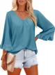 kikula women's loose v-neck blouse with shirred detailing, 3/4 ruffle bell sleeves - perfect for casual wear logo