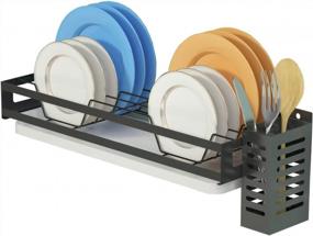 img 4 attached to 🍽️ Junyuan Hanging Dish Drying Rack: Wall Mounted Storage Plate Rack with Utensil Holder and Drain Board - Durable Stainless Steel, Rust Proof (Black Dish)