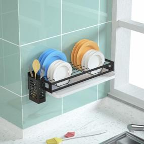 img 2 attached to 🍽️ Junyuan Hanging Dish Drying Rack: Wall Mounted Storage Plate Rack with Utensil Holder and Drain Board - Durable Stainless Steel, Rust Proof (Black Dish)