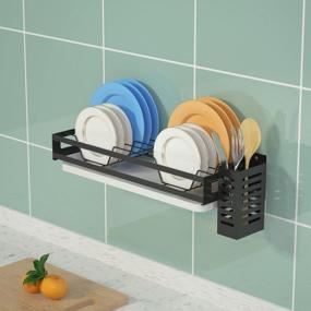 img 3 attached to 🍽️ Junyuan Hanging Dish Drying Rack: Wall Mounted Storage Plate Rack with Utensil Holder and Drain Board - Durable Stainless Steel, Rust Proof (Black Dish)