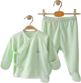img 4 attached to Soft And Comfy Baby Pajama Set: COBROO 100% Cotton Kimono Shirt And Footed Pants For Newborn-6 Months
