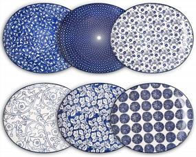 img 4 attached to Selamica Porcelain Shallow Oval Dinner Plates, 11 Inches Large Curve Plates For Dessert, Pasta, Salad, Microwave, Dishwasher, Oven Safe, Set Of 6, Vintage Blue