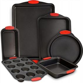 img 4 attached to Baking Pan 6 Piece Set Nonstick Carbon Steel Oven Bakeware Kitchen Set With Silicone Handles, Cookie Sheet, Round Cake Pan, 9X13 Roasting Pan, Loaf Pan, 12 Cup Muffin Cupcake Pan, Square Pan By PERLLI