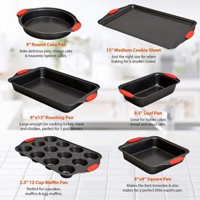 img 3 attached to Baking Pan 6 Piece Set Nonstick Carbon Steel Oven Bakeware Kitchen Set With Silicone Handles, Cookie Sheet, Round Cake Pan, 9X13 Roasting Pan, Loaf Pan, 12 Cup Muffin Cupcake Pan, Square Pan By PERLLI