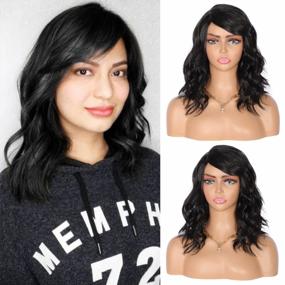 img 4 attached to Women'S 12" Black Short Curly Wavy Synthetic Wig With Bangs Side Part Natural Lightweight Heat Resistant Premium Hair