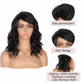 img 3 attached to Women'S 12" Black Short Curly Wavy Synthetic Wig With Bangs Side Part Natural Lightweight Heat Resistant Premium Hair