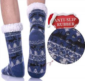 img 3 attached to Soft And Warm Men'S Slipper Socks With Fleece Lining And Grippers For Winter (Blue Knit)