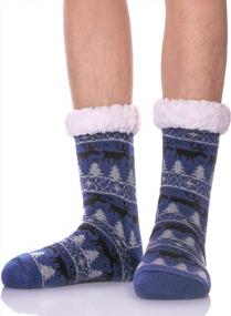 img 4 attached to Soft And Warm Men'S Slipper Socks With Fleece Lining And Grippers For Winter (Blue Knit)