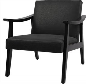 img 2 attached to NOBPEINT Modern Accent Arm Chair, губчатая спинка, мягкие деревянные кресла из искусственной кожи с обивкой из твердой древесины (1, черный)