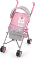 multi-colored unicorn doll stroller with canopy, storage basket, and coordinating two-tone wheels by hauck logo