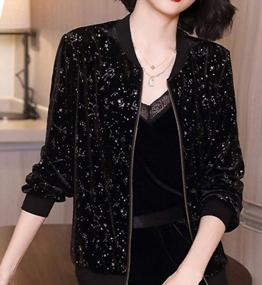 img 2 attached to VELVETY Women'S Black Velvet Bomber Jacket With Stand Collar And Long Sleeves - Elegant And Stylish Velour Flight Jacket