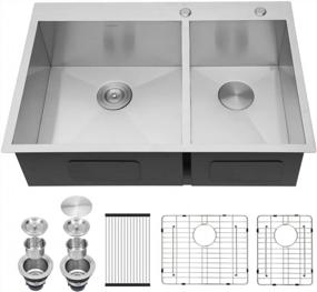 img 4 attached to Kichae 33 Inch Drop In 60/40 Double Bowl Topmount Kitchen Sink 18-Gauge Stainless Steel Handmade Modern Kitchen Sink With Accessories Bottom Grid Roll Up Dish Drying Rack