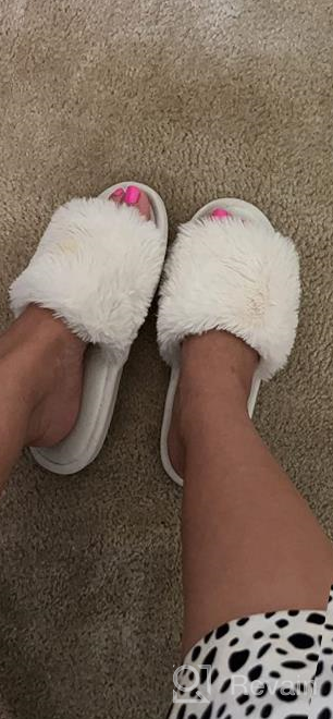 img 1 attached to Parlovable Faux Fur Slippers For Women - Fluffy Flat Spa Shoes With Open Toe, Memory Foam Slide Sandals For Indoor And Outdoor Use review by Roy Bush