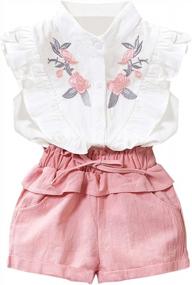 img 4 attached to Adorable Toddler Girl Clothes Set - Ruffle Floral Embroidery Shirt & Shorts | Oklady