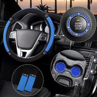 6 pieces steering wheel cover for women diamond leather car seat belt shoulder pads cup holder insert cup holders rhinestone ring sticker emblem with crystal rhinestones car decoration (blue) logo