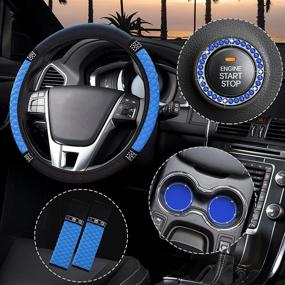 img 4 attached to 6 Pieces Steering Wheel Cover For Women Diamond Leather Car Seat Belt Shoulder Pads Cup Holder Insert Cup Holders Rhinestone Ring Sticker Emblem With Crystal Rhinestones Car Decoration (Blue)