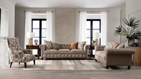 img 1 attached to Тафтинговый диван Acanva Chesterfield со спиральными подлокотниками, льняная обивка с отделкой из гвоздя, 89-дюймовый диван W, коричневый