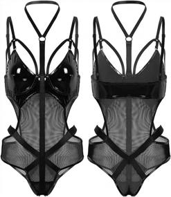 img 3 attached to Crubelon Leather And Mesh Patchwork Halter Neck Bodysuit For Women - Wet Look Lingerie Perfect For Clubwear And High Cut Leotard Style