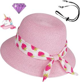 img 4 attached to Милая и удобная соломенная шляпа от солнца для девочек для пляжных дней: регулируемый размер, ремешок на подбородке и простота упаковки для детей 5-10 лет