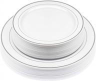 50-pack elegant disposable hard plastic plates combo set includes 10.5-inch dinner plates + 7.5-inch salad dessert plates with elegant silver edge pattern premium dishes for parties, & weddings logo