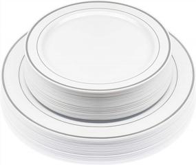 img 4 attached to 50-Pack Elegant Disposable Hard Plastic Plates Combo Set Includes 10.5-Inch Dinner Plates + 7.5-Inch Salad Dessert Plates With Elegant Silver Edge Pattern Premium Dishes For Parties, & Weddings