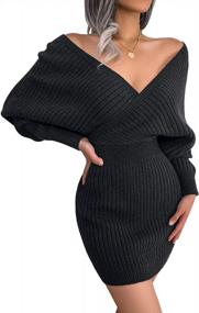 img 4 attached to FEOYA Женский ребристый узкий свитер с запахом, мини-платье с рукавами «летучая мышь» - идеально подходит для осени и зимы