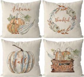 img 4 attached to Set Of 4 Fall Pillow Covers 18 X 18 Inch - Pumpkin Wreath & Blessed Thanksgiving Designs - Autumn Harvest Home Decorative Cushion Case For Sofa, Couch & Outdoor Use.
