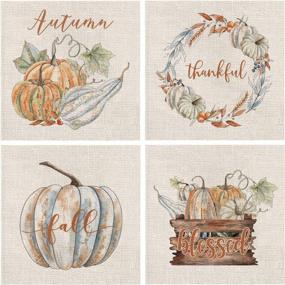 img 2 attached to Set Of 4 Fall Pillow Covers 18 X 18 Inch - Pumpkin Wreath & Blessed Thanksgiving Designs - Autumn Harvest Home Decorative Cushion Case For Sofa, Couch & Outdoor Use.