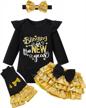 2023 donwen new year's baby girl outfit: bling ruffle romper + tutu skirt + leg warmers + headband 4pcs set logo