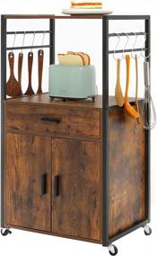 img 3 attached to Kitchen Island Cart On Wheels With 8 Hooks, Drawer, Cabinet & Open Shelf - Rolling Cart For Kitchen Dining Room - Rustic Brown By USIKEY