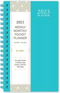 2023 pocket planner/calendar - weekly & monthly pocket planner, january 2023 - december 2023, 6.8" x 4.3", strong twin - wire binding, plastic cover, round corner logo