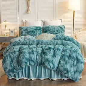 img 4 attached to LIFEREVO 3 Pieces Luxury Shaggy Faux Fur Duvet Cover Set Soft Fluffy Fuzzy Comforter Ombre Marble Print Furry Bedding,1 Plush Cover+2 Pillow Covers,Zipper Closure(Tie Dye Teal,Queen)