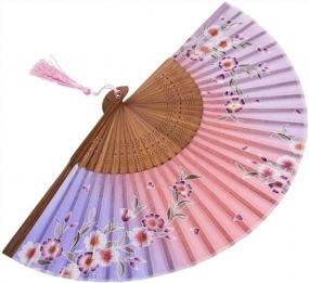 img 2 attached to Meifan китайский/японский классический ручной работы винтажный складной бамбуковый шелковый цветочный узор ручной веер MFN (PinkPurple)