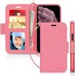 rfid blocking skycase iphone 11 pro max 6.5" handmade flip folio wallet case with card slots and detachable hand strap - pink logo