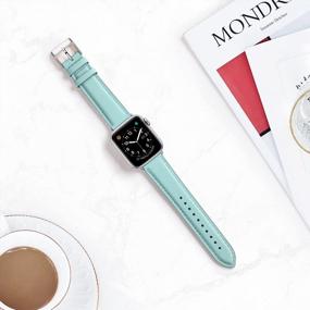 img 1 attached to Genuine Leather Replacement Strap Compatible With Apple Watch Series 7/6/5/4/3/2/1 - OMIU Square Bands 38Mm 40Mm 41Mm Women Men (Tiffany Blue & Silver)