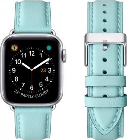 img 4 attached to Genuine Leather Replacement Strap Compatible With Apple Watch Series 7/6/5/4/3/2/1 - OMIU Square Bands 38Mm 40Mm 41Mm Women Men (Tiffany Blue & Silver)