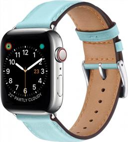 img 3 attached to Genuine Leather Replacement Strap Compatible With Apple Watch Series 7/6/5/4/3/2/1 - OMIU Square Bands 38Mm 40Mm 41Mm Women Men (Tiffany Blue & Silver)