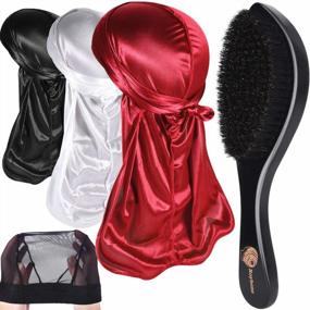 img 4 attached to Complete 360 Wave Brush Kit For Men With Silk Durags, Curved Medium/Hard Brushes, And Extra Wave Cap
