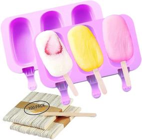 img 4 attached to Silicone Popsicle Molds With 3 Cavities, Oval Shape Ice Cream Maker, BPA-Free, 100 Wooden Sticks Included - Pack Of 2 - Ideal For DIY Ice Pops And Cake Pops.