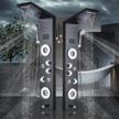 experience a luxurious shower with rozin's stainless steel wall mounted shower system featuring led rainfall, waterfall, handheld sprayer, and massage jets logo