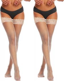 img 4 attached to Stay-Up Lace-Trimmed Fishnet Thigh-High Stockings For Women By Joyaria