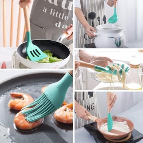 img 1 attached to MIBOTE 17 Piece Silicone Cooking Utensil Set With Wooden Handles And Holder - BPA-Free Turner, Tongs, Spatula, Spoon, And Kitchen Gadgets For Nonstick Cookware In Teal
