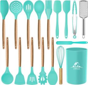 img 4 attached to MIBOTE 17 Piece Silicone Cooking Utensil Set With Wooden Handles And Holder - BPA-Free Turner, Tongs, Spatula, Spoon, And Kitchen Gadgets For Nonstick Cookware In Teal
