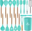mibote 17 piece silicone cooking utensil set with wooden handles and holder - bpa-free turner, tongs, spatula, spoon, and kitchen gadgets for nonstick cookware in teal logo