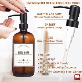 img 2 attached to GMISUN Amber Glass Soap Dispenser, 2 Pack Thick Dish And Hand Soap Dispenser Set With Rustproof Matte Black Stainless Steel Pump, 16 Oz Farmhouse Brown Refillable Liquid Bottle For Kitchen & Bathroom