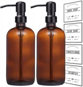 img 4 attached to GMISUN Amber Glass Soap Dispenser, 2 Pack Thick Dish And Hand Soap Dispenser Set With Rustproof Matte Black Stainless Steel Pump, 16 Oz Farmhouse Brown Refillable Liquid Bottle For Kitchen & Bathroom